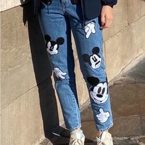 Zara Blue Straight Leg Jeans with Mickey Mouse Patches